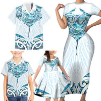 New Zealand Manta Ray Tattoo Family Matching Short Sleeve Bodycon Dress and Hawaiian Shirt Aotearoa Maori Haehae Paua Shell LT14 - Polynesian Pride