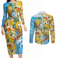 Aloha Hawaii Summer Couples Matching Long Sleeve Bodycon Dress and Long Sleeve Button Shirt Hawaiian Lei Surfing Mango Palaka Motifs