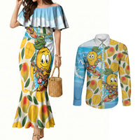 Aloha Hawaii Summer Couples Matching Mermaid Dress and Long Sleeve Button Shirt Hawaiian Lei Surfing Mango Palaka Motifs
