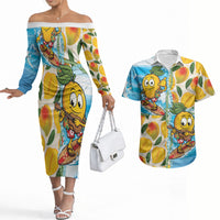 Aloha Hawaii Summer Couples Matching Off The Shoulder Long Sleeve Dress and Hawaiian Shirt Hawaiian Lei Surfing Mango Palaka Motifs