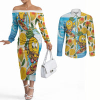 Aloha Hawaii Summer Couples Matching Off The Shoulder Long Sleeve Dress and Long Sleeve Button Shirt Hawaiian Lei Surfing Mango Palaka Motifs