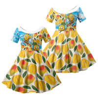 Aloha Hawaii Summer Family Matching Off Shoulder Short Dress and Hawaiian Shirt Hawaiian Lei Surfing Mango Palaka Motifs