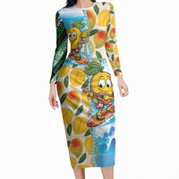 Aloha Hawaii Summer Long Sleeve Bodycon Dress Hawaiian Lei Surfing Mango Palaka Motifs