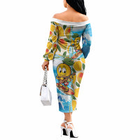 Aloha Hawaii Summer Off The Shoulder Long Sleeve Dress Hawaiian Lei Surfing Mango Palaka Motifs