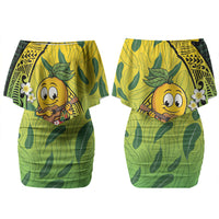 Hawaii Surfing Mango Couples Matching Off Shoulder Short Dress and Hawaiian Shirt Manako Polynesian Fish Hook