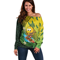 Hawaii Surfing Mango Off Shoulder Sweater Manako Polynesian Fish Hook