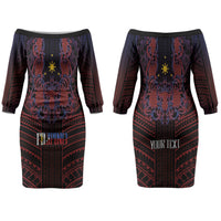 Filipino Barong Tagalog Inspired Personalised Couples Matching Off The Shoulder Long Sleeve Dress and Long Sleeve Button Shirt Mabuhay Philippines Festival Polynesian Pattern LT14 - Polynesian Pride