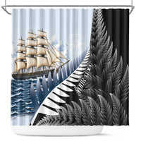 Personalised New Zealand Pakeha Shower Curtain Kiwi Silver Fern and Sailing Ship Compass LT14 Blue - Polynesian Pride