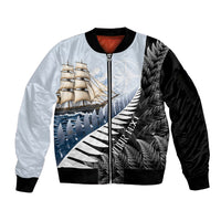 Personalised New Zealand Pakeha Sleeve Zip Bomber Jacket Kiwi Silver Fern and Sailing Ship Compass LT14 Unisex Blue - Polynesian Pride