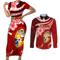 Tonga Rugby Couples Matching Short Sleeve Bodycon Dress and Long Sleeve Button Shirts Ikale Tahi Tongan Ngatu Pattern With Dabbing Ball LT14 Red - Polynesian Pride