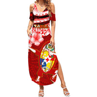 Tonga Rugby Family Matching Summer Maxi Dress and Hawaiian Shirt Ikale Tahi Tongan Ngatu Pattern With Dabbing Ball LT14 Mom's Dress Red - Polynesian Pride