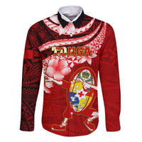 Custom Tonga Rugby Family Matching Off Shoulder Short Dress and Hawaiian Shirt Ikale Tahi Tongan Ngatu Pattern With Dabbing Ball LT14 Dad's Shirt - Long Sleeve Red - Polynesian Pride