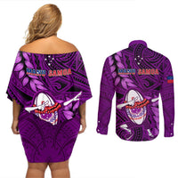 Samoa Rugby Couples Matching Off Shoulder Short Dress and Long Sleeve Button Shirts Manu Samoa Ula Fala Dabbing Ball Polynesian Purple Version LT14 - Polynesian Pride