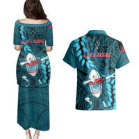 Samoa Rugby Couples Matching Puletasi Dress and Hawaiian Shirt Manu Samoa Ula Fala Dabbing Ball Polynesian Turquoise Version LT14 - Polynesian Pride