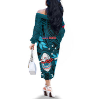 Samoa Rugby Family Matching Off Shoulder Long Sleeve Dress and Hawaiian Shirt Manu Samoa Ula Fala Dabbing Ball Polynesian Turquoise Version LT14 - Polynesian Pride