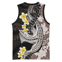 Brown and Black Hawaii Shark Tattoo Basketball Jersey Puakenikeni Lei Plumeria Polynesian Pattern - Polynesian Pride