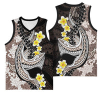 Brown and Black Hawaii Shark Tattoo Basketball Jersey Puakenikeni Lei Plumeria Polynesian Pattern - Polynesian Pride