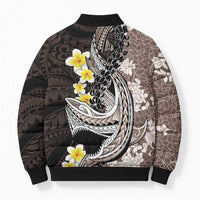 Brown and Black Hawaii Shark Tattoo Bomber Puffer Jacket Puakenikeni Lei Plumeria Polynesian Pattern - Polynesian Pride
