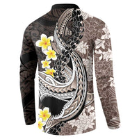 Brown and Black Hawaii Shark Tattoo Button Sweatshirt Puakenikeni Lei Plumeria Polynesian Pattern - Polynesian Pride