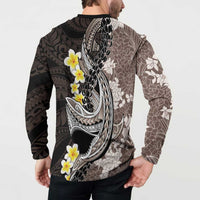 Brown and Black Hawaii Shark Tattoo Button Sweatshirt Puakenikeni Lei Plumeria Polynesian Pattern - Polynesian Pride