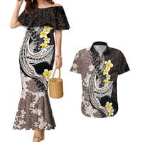 Brown and Black Hawaii Shark Tattoo Couples Matching Mermaid Dress and Hawaiian Shirt Puakenikeni Lei Plumeria Polynesian Pattern LT14 Black - Polynesian Pride