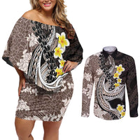 Brown and Black Hawaii Shark Tattoo Couples Matching Off Shoulder Short Dress and Long Sleeve Button Shirt Puakenikeni Lei Plumeria Polynesian Pattern - Polynesian Pride