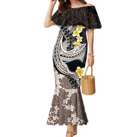 Brown and Black Hawaii Shark Tattoo Family Matching Mermaid Dress and Hawaiian Shirt Puakenikeni Lei Plumeria Polynesian Pattern LT14 Mom's Dress Black - Polynesian Pride