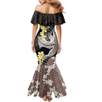 Brown and Black Hawaii Shark Tattoo Family Matching Mermaid Dress and Hawaiian Shirt Puakenikeni Lei Plumeria Polynesian Pattern LT14 - Polynesian Pride