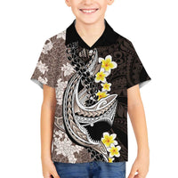 Brown and Black Hawaii Shark Tattoo Family Matching Off The Shoulder Long Sleeve Dress and Hawaiian Shirt Puakenikeni Lei Plumeria Polynesian Pattern LT14 Son's Shirt Black - Polynesian Pride