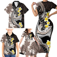 Brown and Black Hawaii Shark Tattoo Family Matching Short Sleeve Bodycon Dress and Hawaiian Shirt Puakenikeni Lei Plumeria Polynesian Pattern LT14 - Polynesian Pride