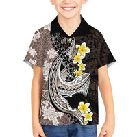 Brown and Black Hawaii Shark Tattoo Family Matching Short Sleeve Bodycon Dress and Hawaiian Shirt Puakenikeni Lei Plumeria Polynesian Pattern LT14 Son's Shirt Black - Polynesian Pride