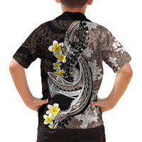 Brown and Black Hawaii Shark Tattoo Family Matching Summer Maxi Dress and Hawaiian Shirt Puakenikeni Lei Plumeria Polynesian Pattern LT14 - Polynesian Pride