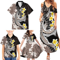 Brown and Black Hawaii Shark Tattoo Family Matching Summer Maxi Dress and Hawaiian Shirt Puakenikeni Lei Plumeria Polynesian Pattern LT14 - Polynesian Pride