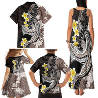 Brown and Black Hawaii Shark Tattoo Family Matching Tank Maxi Dress and Hawaiian Shirt Puakenikeni Lei Plumeria Polynesian Pattern LT14 - Polynesian Pride