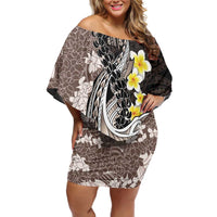 Brown and Black Hawaii Shark Tattoo Off Shoulder Short Dress Puakenikeni Lei Plumeria Polynesian Pattern - Polynesian Pride