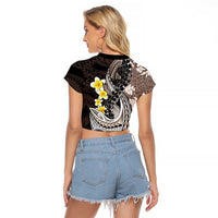 Brown and Black Hawaii Shark Tattoo Raglan Cropped T Shirt Puakenikeni Lei Plumeria Polynesian Pattern - Polynesian Pride