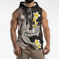 Brown and Black Hawaii Shark Tattoo Sleeveless Hoodie Puakenikeni Lei Plumeria Polynesian Pattern - Polynesian Pride