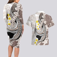 Brown and White Hawaii Shark Tattoo Couples Matching Long Sleeve Bodycon Dress and Hawaiian Shirt Puakenikeni Lei Plumeria Polynesian Pattern LT14 - Polynesian Pride