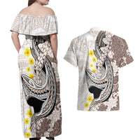 Brown and White Hawaii Shark Tattoo Couples Matching Off Shoulder Maxi Dress and Hawaiian Shirt Puakenikeni Lei Plumeria Polynesian Pattern LT14 - Polynesian Pride