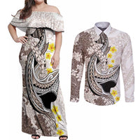 Brown and White Hawaii Shark Tattoo Couples Matching Off Shoulder Maxi Dress and Long Sleeve Button Shirt Puakenikeni Lei Plumeria Polynesian Pattern - Polynesian Pride