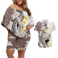 Brown and White Hawaii Shark Tattoo Couples Matching Off Shoulder Short Dress and Hawaiian Shirt Puakenikeni Lei Plumeria Polynesian Pattern LT14 White - Polynesian Pride