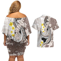 Brown and White Hawaii Shark Tattoo Couples Matching Off Shoulder Short Dress and Hawaiian Shirt Puakenikeni Lei Plumeria Polynesian Pattern LT14 - Polynesian Pride