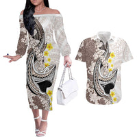 Brown and White Hawaii Shark Tattoo Couples Matching Off The Shoulder Long Sleeve Dress and Hawaiian Shirt Puakenikeni Lei Plumeria Polynesian Pattern LT14 White - Polynesian Pride