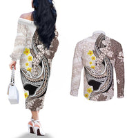 Brown and White Hawaii Shark Tattoo Couples Matching Off The Shoulder Long Sleeve Dress and Long Sleeve Button Shirt Puakenikeni Lei Plumeria Polynesian Pattern - Polynesian Pride