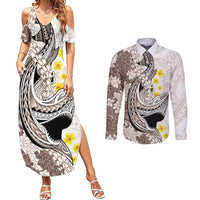 Brown and White Hawaii Shark Tattoo Couples Matching Summer Maxi Dress and Long Sleeve Button Shirt Puakenikeni Lei Plumeria Polynesian Pattern - Polynesian Pride