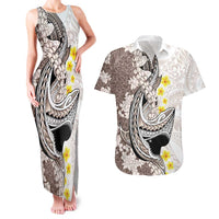Brown and White Hawaii Shark Tattoo Couples Matching Tank Maxi Dress and Hawaiian Shirt Puakenikeni Lei Plumeria Polynesian Pattern LT14 White - Polynesian Pride