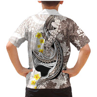 Brown and White Hawaii Shark Tattoo Family Matching Mermaid Dress and Hawaiian Shirt Puakenikeni Lei Plumeria Polynesian Pattern LT14 - Polynesian Pride