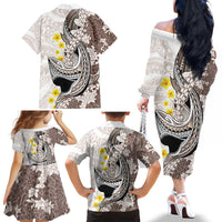 Brown and White Hawaii Shark Tattoo Family Matching Off The Shoulder Long Sleeve Dress and Hawaiian Shirt Puakenikeni Lei Plumeria Polynesian Pattern LT14 - Polynesian Pride