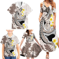 Brown and White Hawaii Shark Tattoo Family Matching Summer Maxi Dress and Hawaiian Shirt Puakenikeni Lei Plumeria Polynesian Pattern LT14 - Polynesian Pride