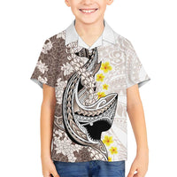 Brown and White Hawaii Shark Tattoo Family Matching Tank Maxi Dress and Hawaiian Shirt Puakenikeni Lei Plumeria Polynesian Pattern LT14 Son's Shirt White - Polynesian Pride